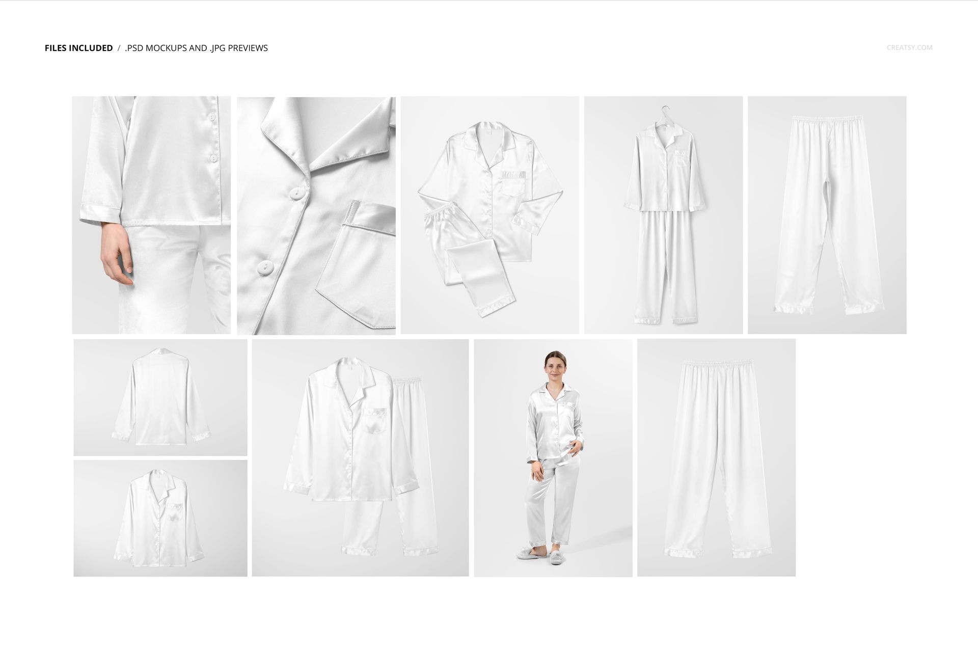Silk long-sleeve pyjama mockup set featuring various views of white satin sleepwear, including tops and pants.