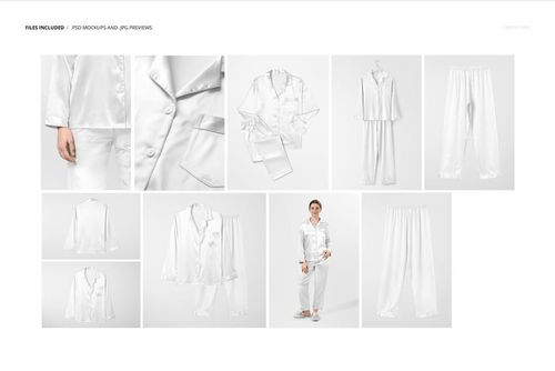 Silk long-sleeve pyjama mockup set featuring various views of white satin sleepwear, including tops and pants.