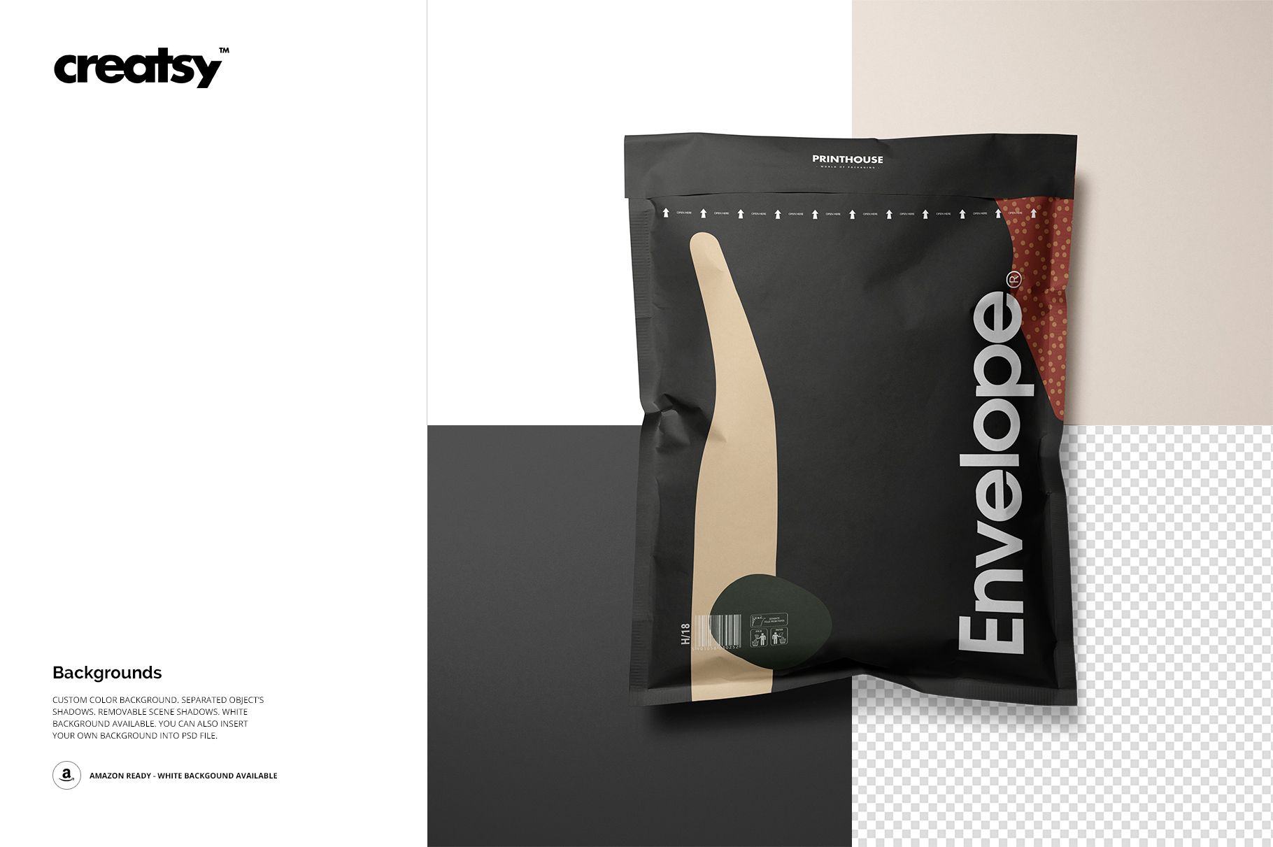 Black envelope packaging mockup with beige and olive accents, shown from a front angle on a split background.