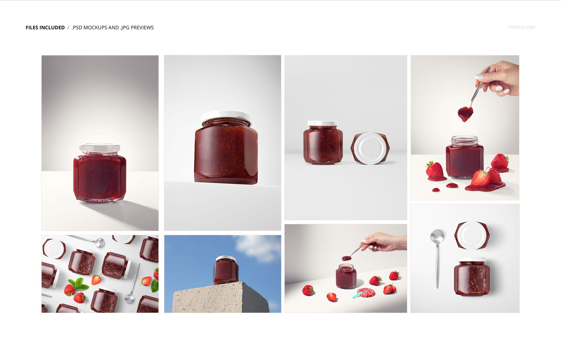 Strawberry jam jar mockup set featuring glass jars with white lids, shown in various angles and styled scenes.