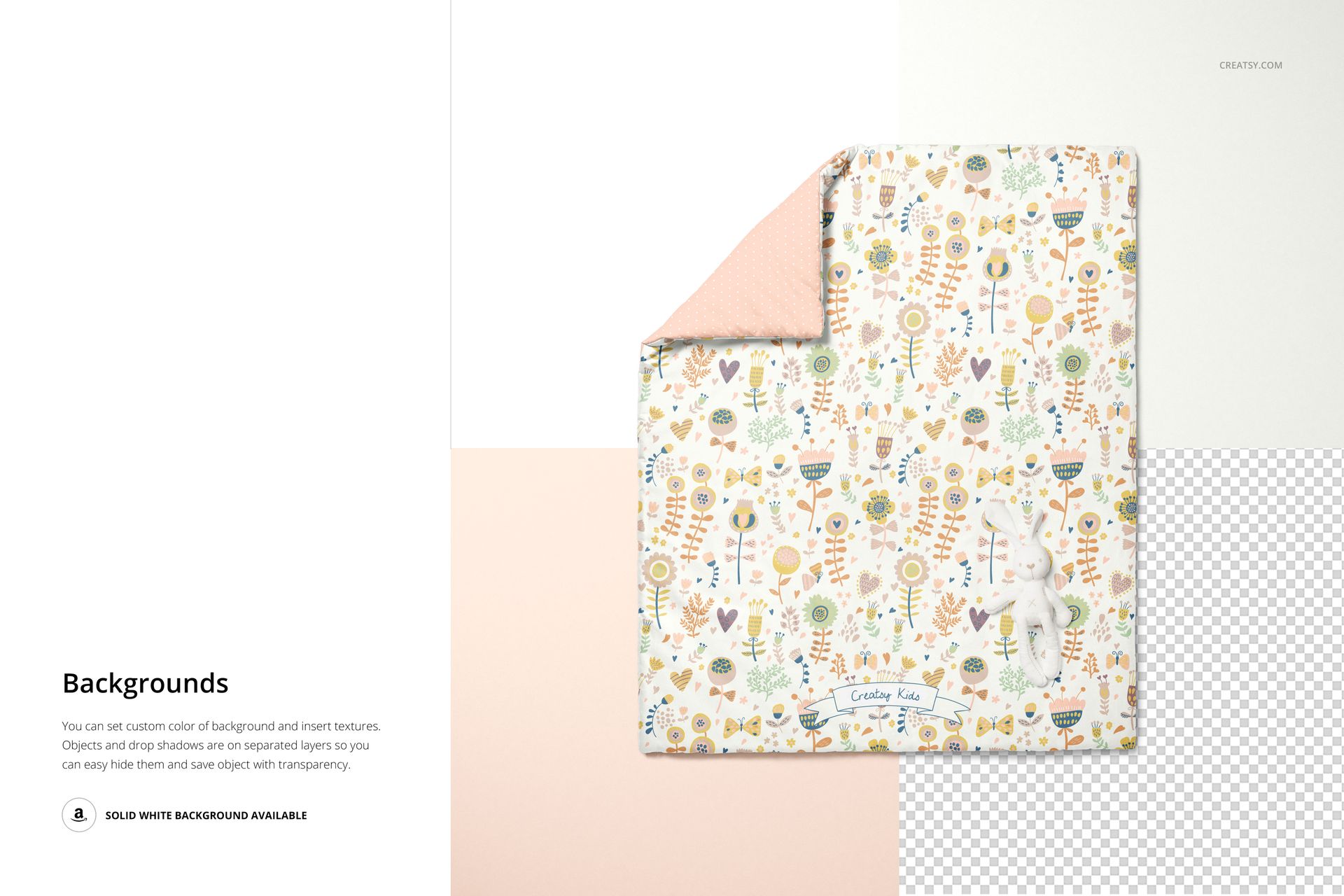 Top view of a baby duvet cover with a pastel floral pattern and pink reverse, mockup scene with toy bunny.