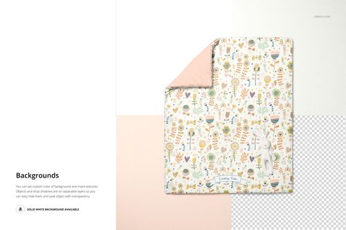 Top view of a baby duvet cover with a pastel floral pattern and pink reverse, mockup scene with toy bunny.