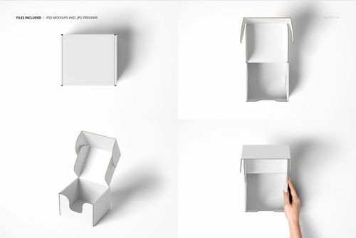 Front tuck mailer box mockup set showing a white rectangular box from various angles on a plain background.