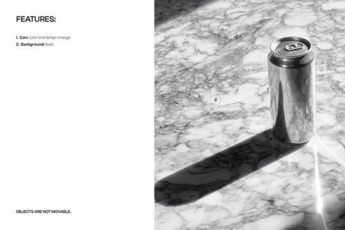 Aluminum soda can mockup standing upright on a marble surface, casting a long shadow in bright sunlight.