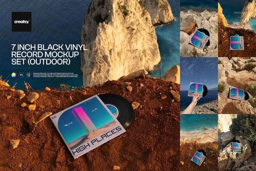 PSD mockup featuring a black vinyl record and illustrated album sleeve placed outdoors on a cliffside above blue water.