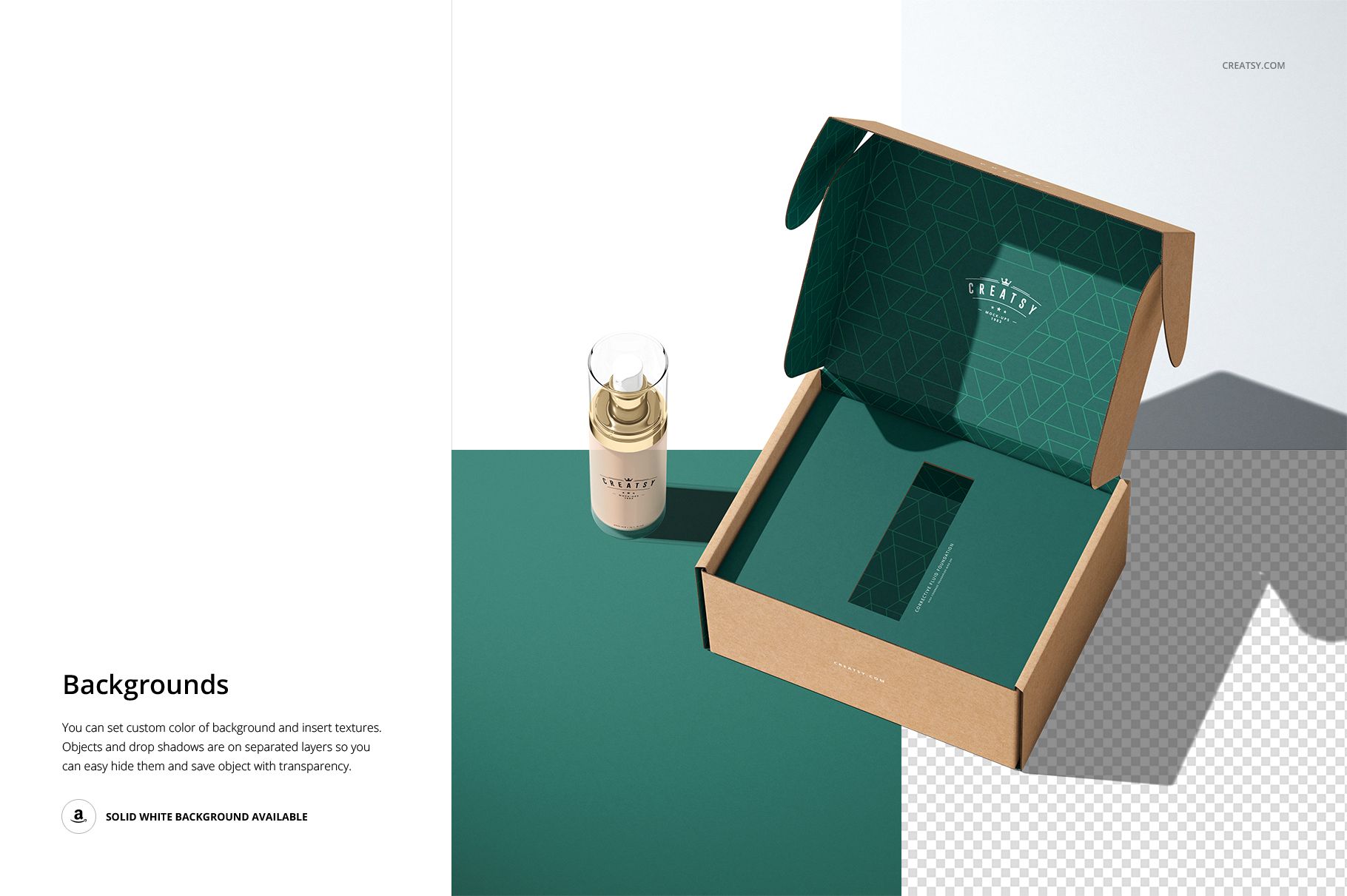Cardboard mailing box mockup with insert tray, shown from an angled top view with a bottle and geometric design.