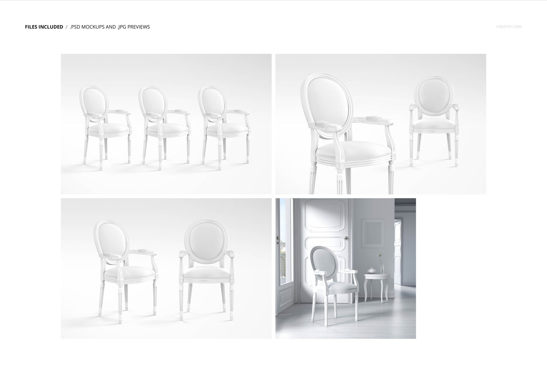 White medallion back armchairs displayed in various arrangements and angles in a bright living room mockup scene.