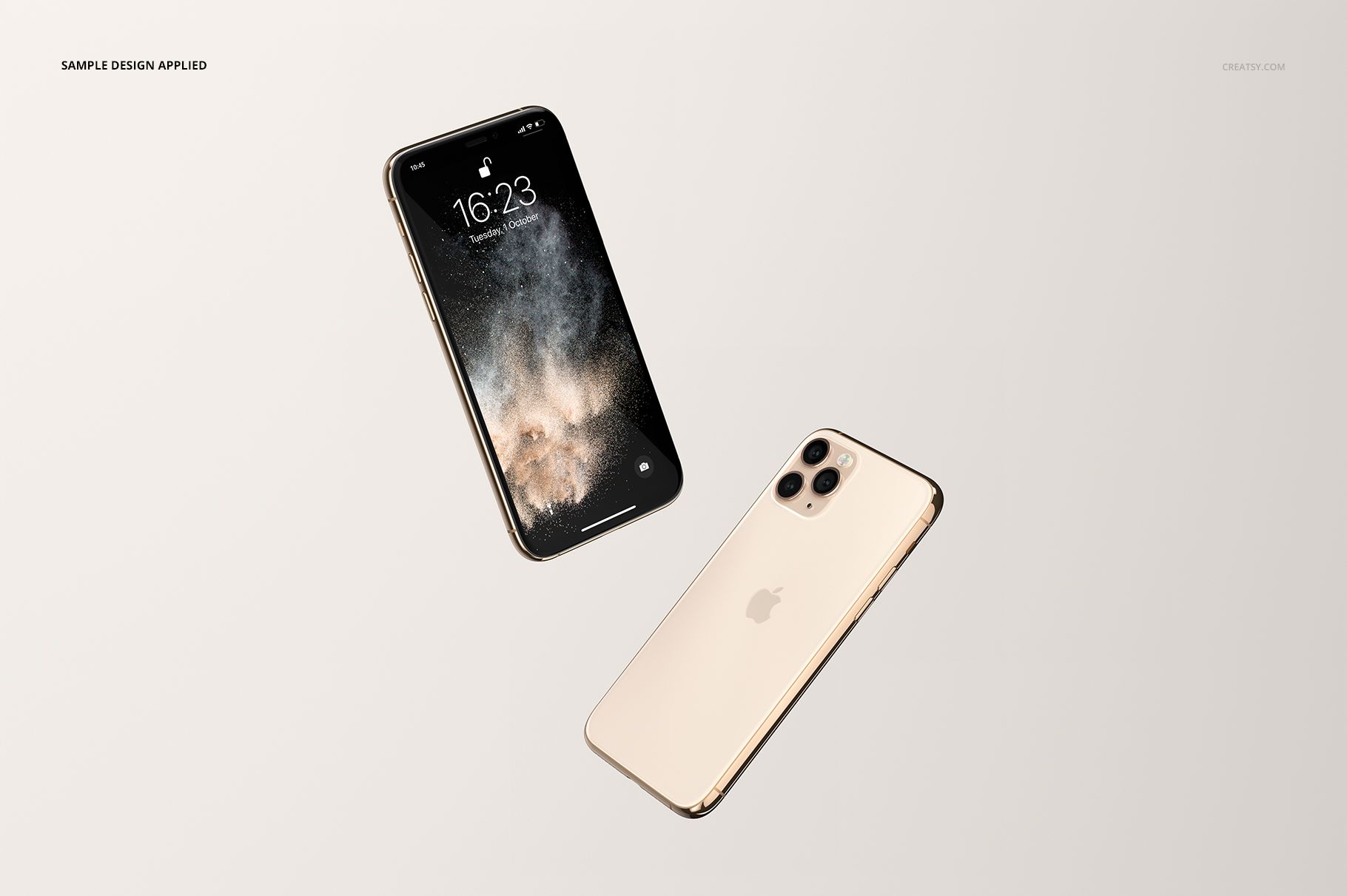 Floating iPhone 11 Pro mockup set in gold, front and back view, with a cosmic-themed display on one screen.