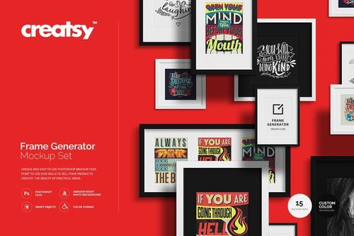 Frame generator PSD mockup featuring different framed artworks in black and white frames against a red background.
