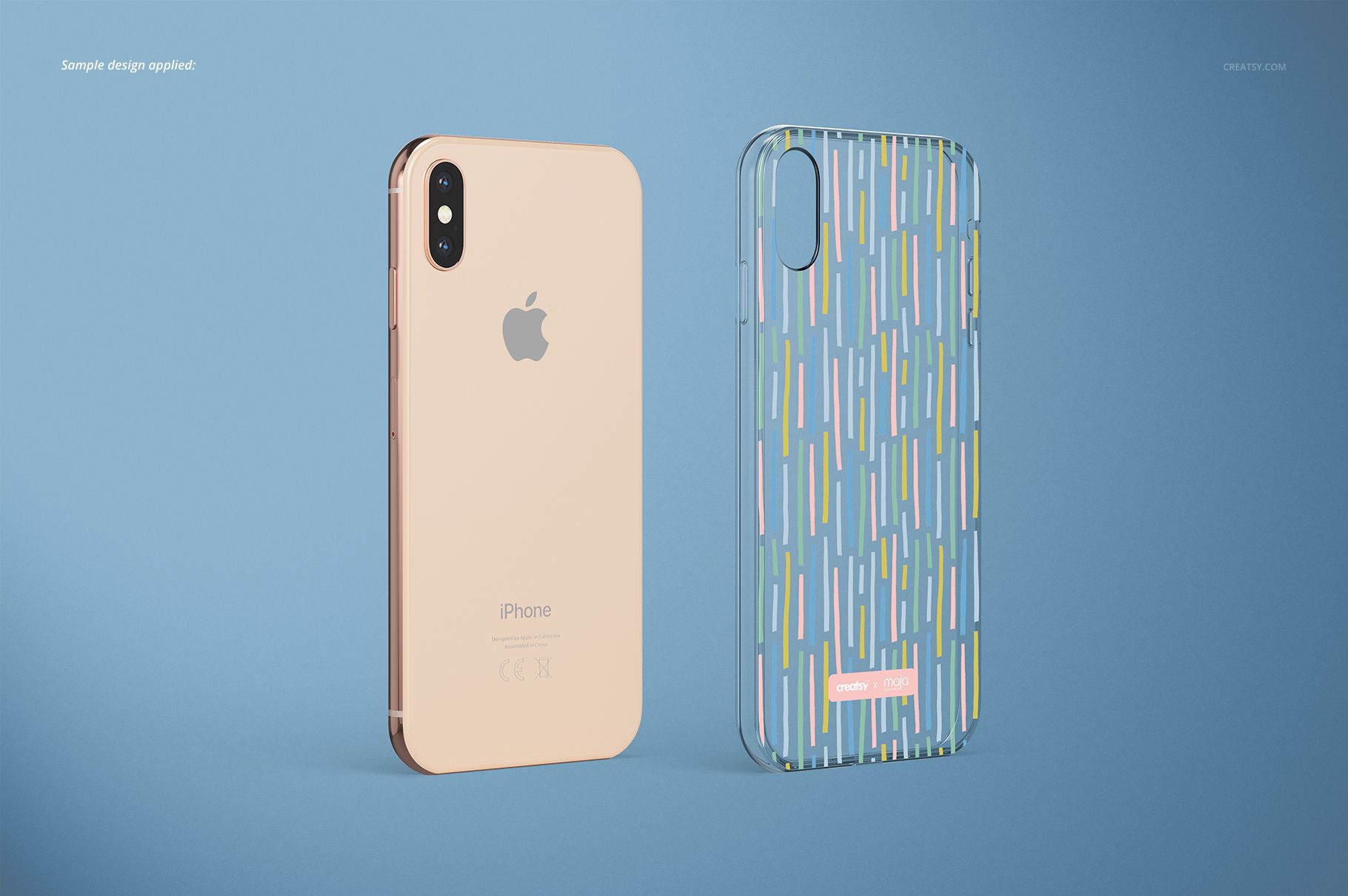 iPhone XS clear case mockup showing a gold phone and a see-through case with vertical stripes on a blue backdrop.