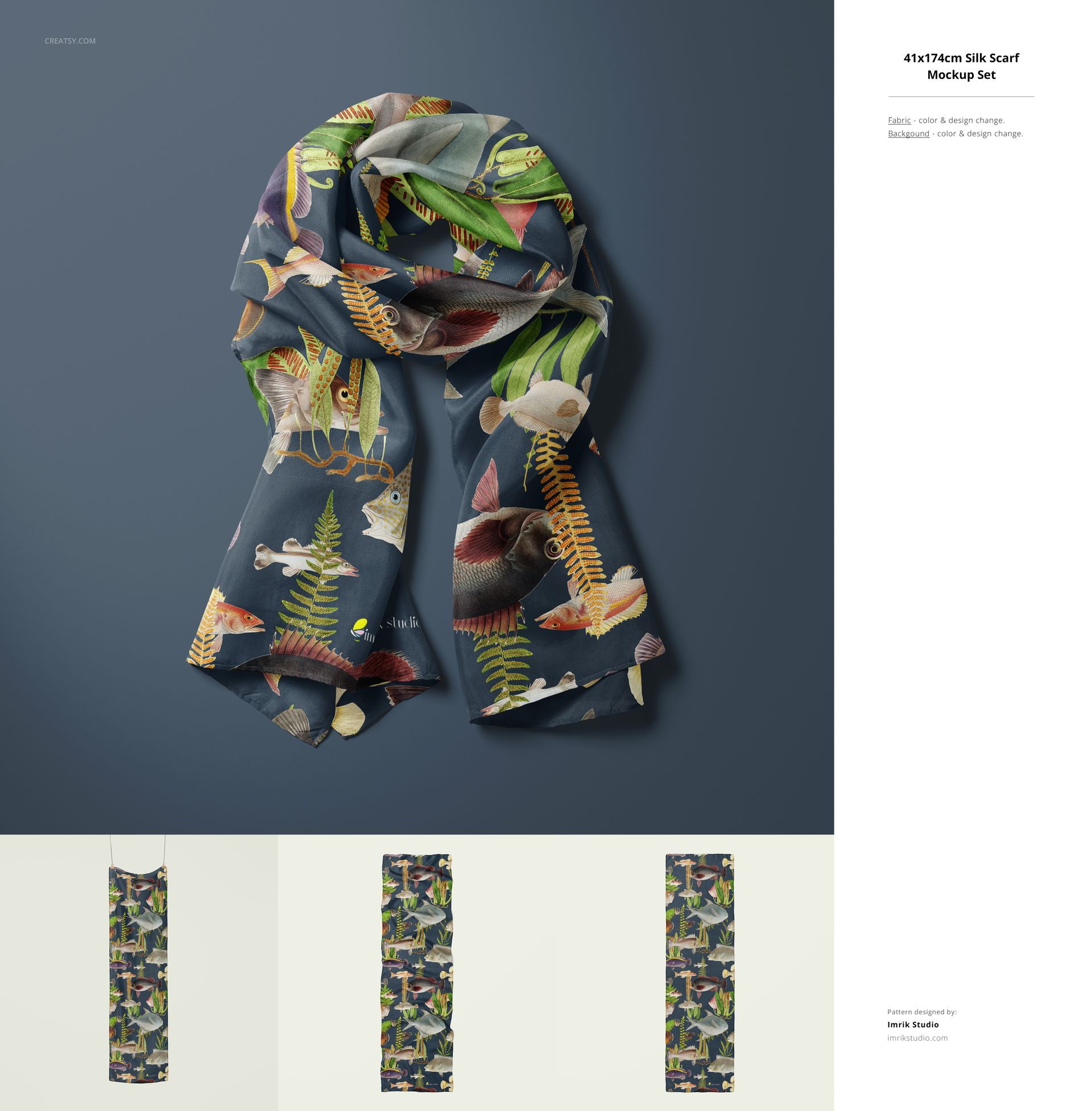 Mockup of a rectangular fabric scarf with vibrant plant and animal illustrations, shown in a folded arrangement.