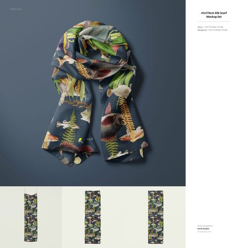 Mockup of a rectangular fabric scarf with vibrant plant and animal illustrations, shown in a folded arrangement.