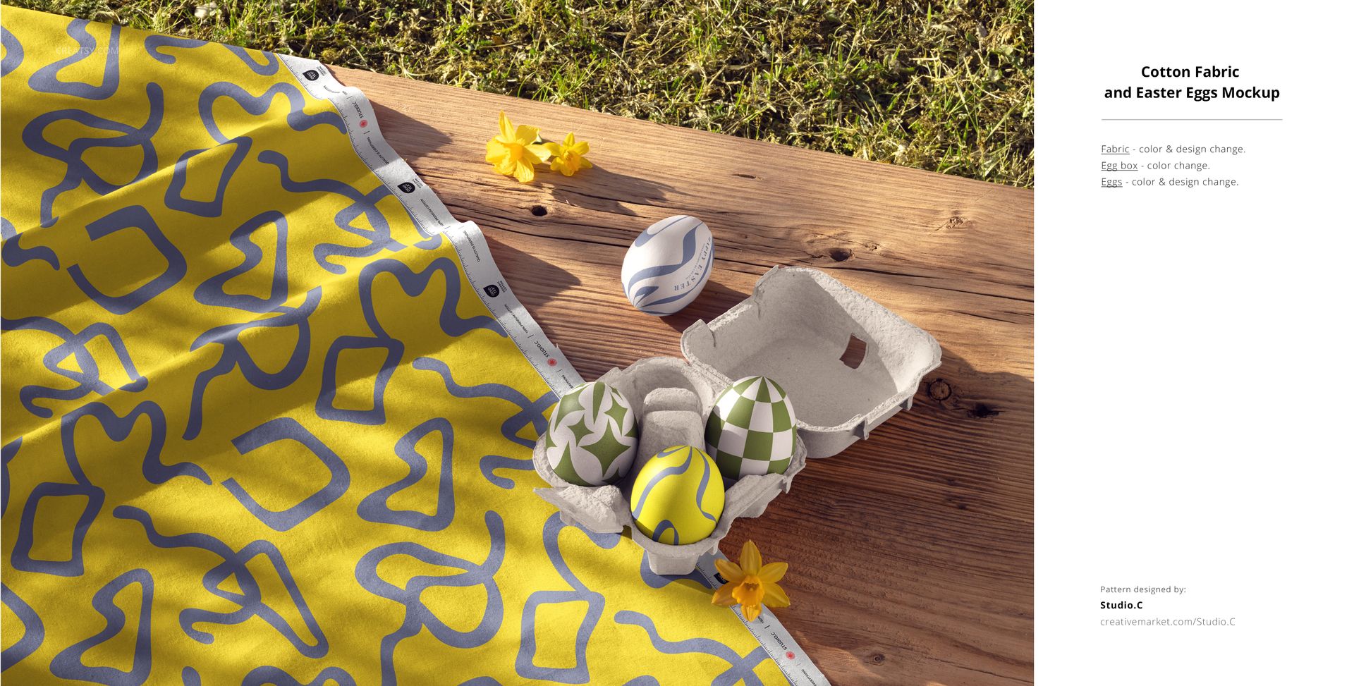 Cotton fabric mockup featuring a yellow textile with gray shapes, arranged beside painted eggs and spring flowers.