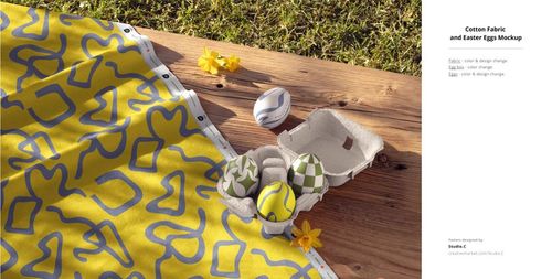 Cotton fabric mockup featuring a yellow textile with gray shapes, arranged beside painted eggs and spring flowers.