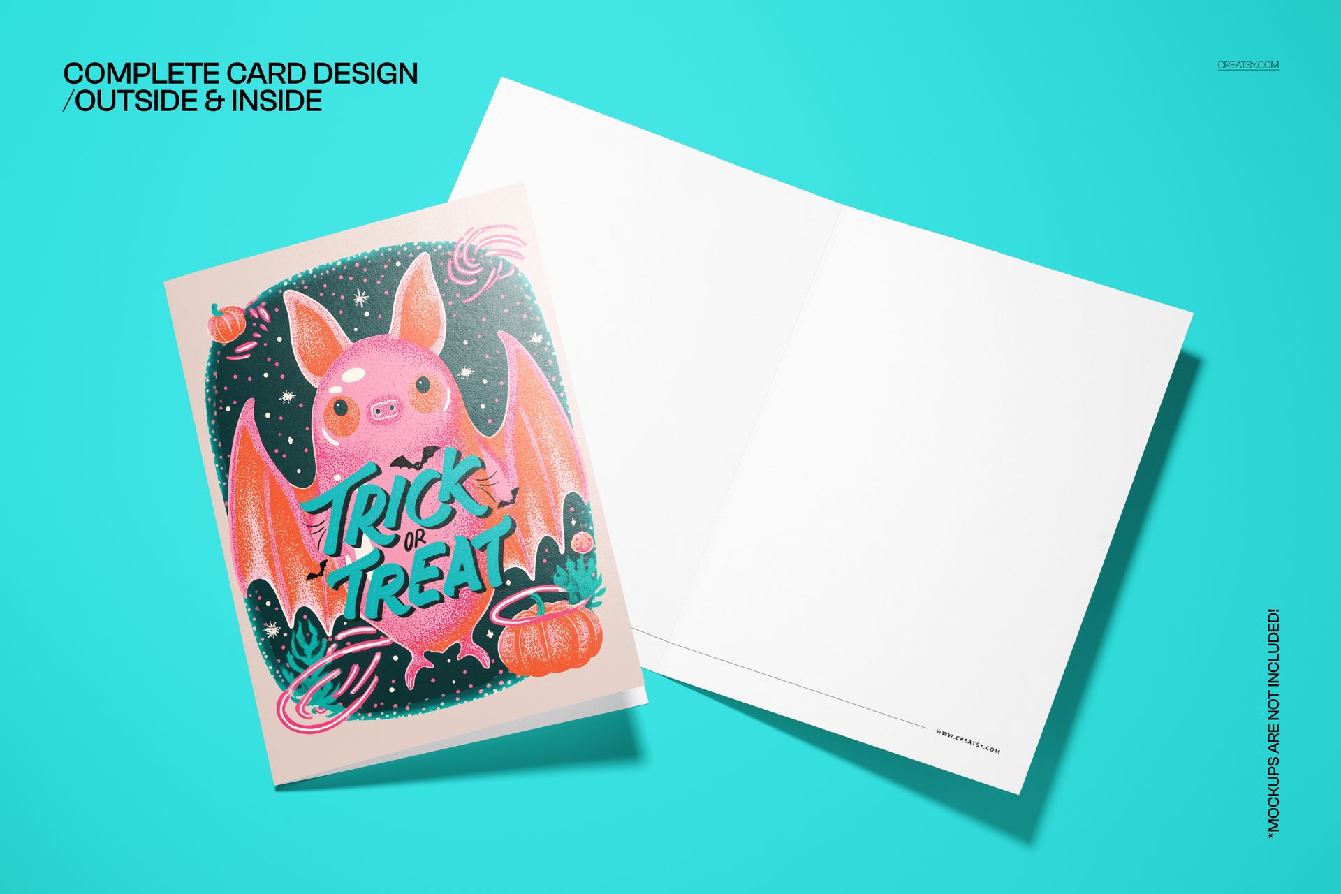 PSD mockup of a folded Halloween card showing a pink bat illustration and trick or treat text, with blank inside pages.