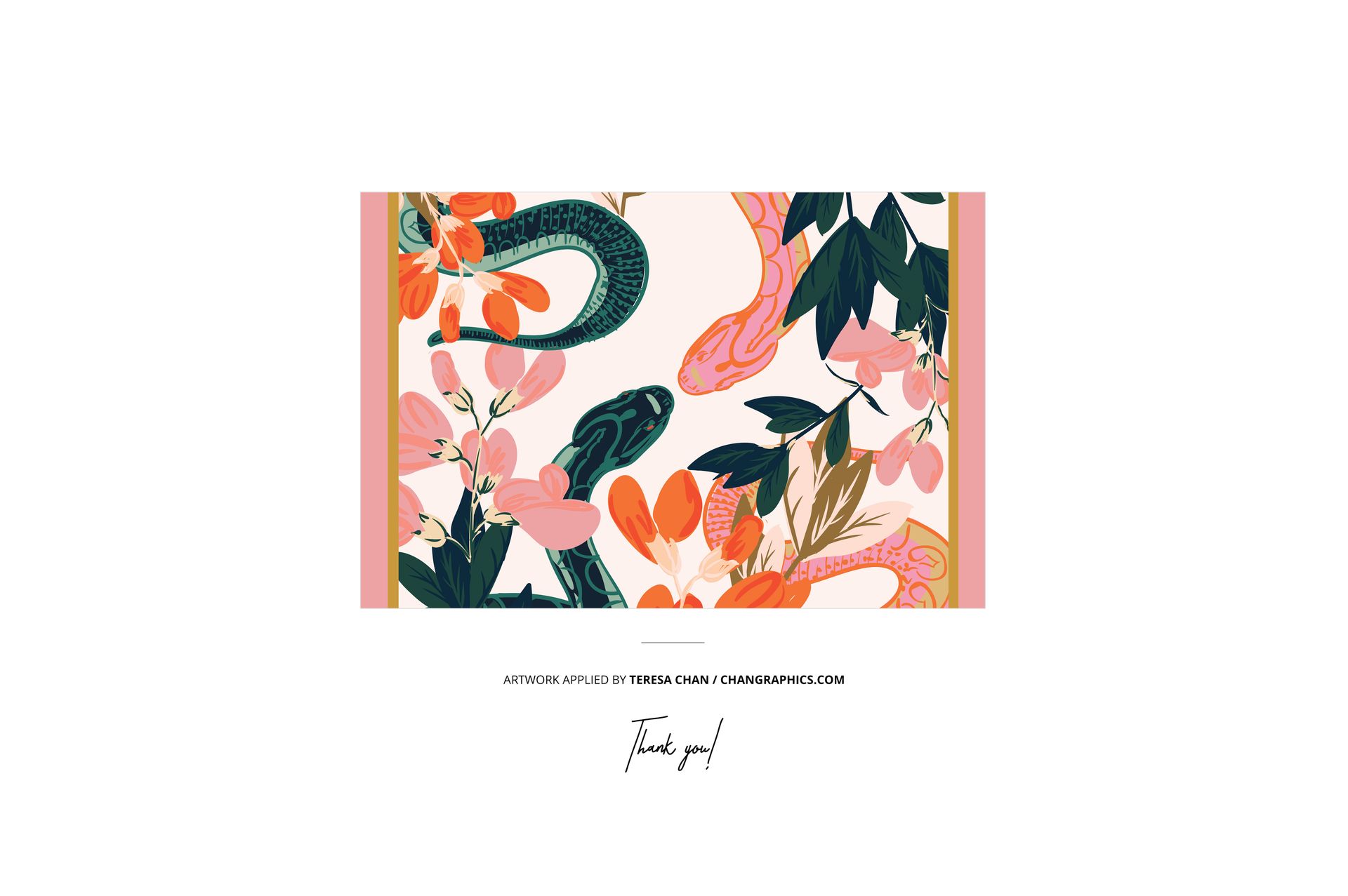 Silk scarf mockup featuring vibrant flowers and snakes in green, pink, and orange, shown from a top view.