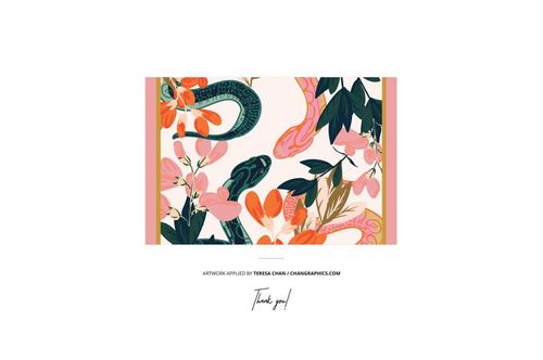 Silk scarf mockup featuring vibrant flowers and snakes in green, pink, and orange, shown from a top view.