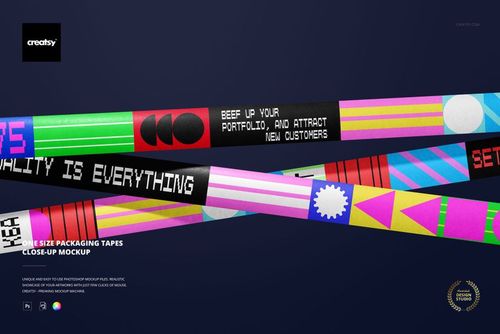 Diagonal strips of packaging tape featuring vibrant patterns and bold typography, shown in a close-up mockup scene.