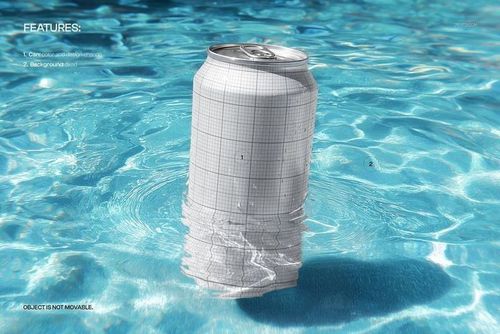 Tilted beverage can mockup floating in bright blue rippled pool water with realistic reflections and droplets.
