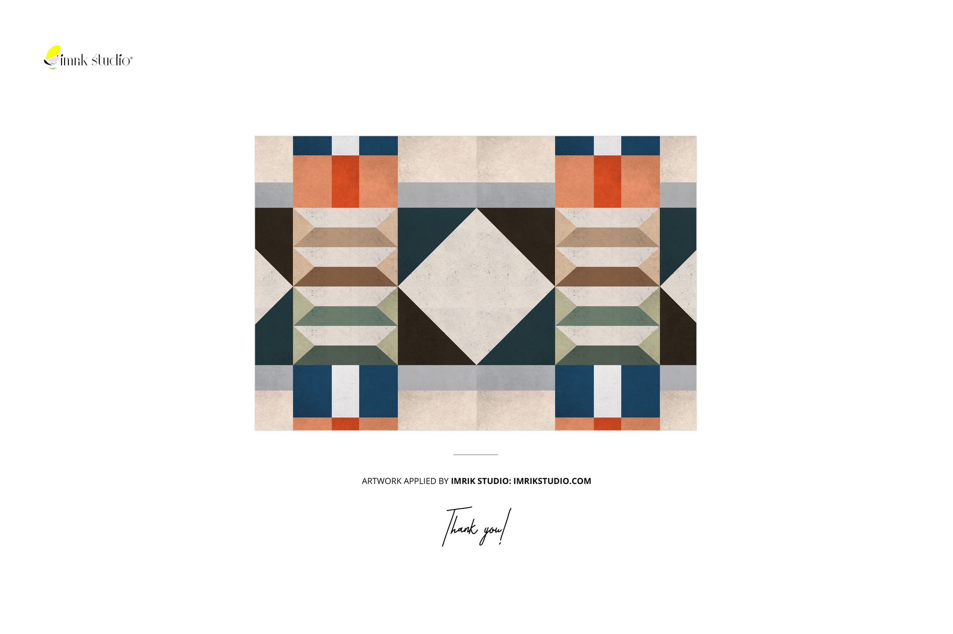 Colorful geometric design featuring symmetrical shapes and earthy colors, displayed on a rectangular mockup background.