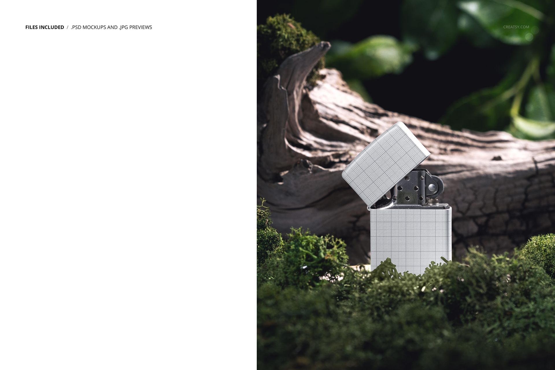 Mockup of a Zippo lighter with a white grid design, shown open in a natural forest setting with moss and wood.