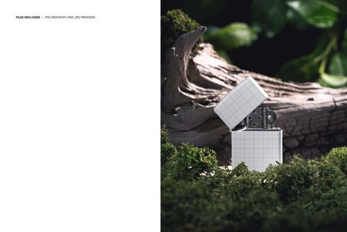 Mockup of a Zippo lighter with a white grid design, shown open in a natural forest setting with moss and wood.