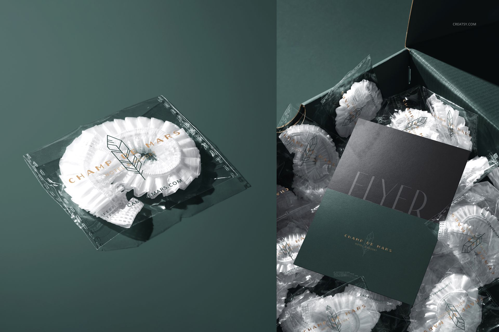 Hotel shower cap in a clear plastic wrapper with gold logo, shown on a dark green surface and inside a box.