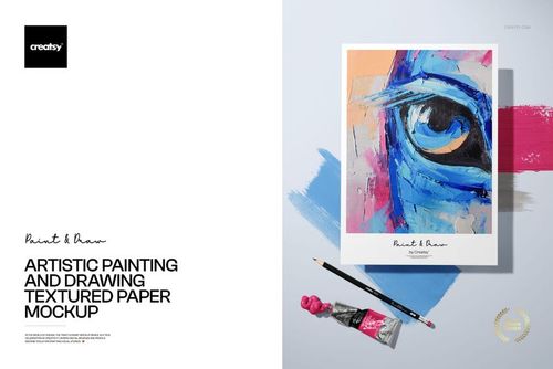 Front view of a textured paper mockup featuring a colorful abstract painting of an eye, with paint tube and brush nearby.