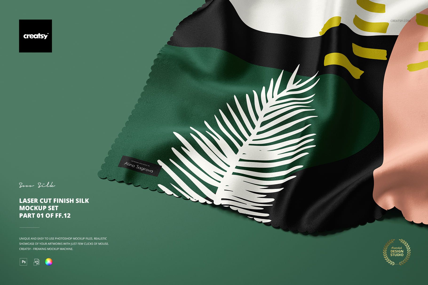 Front view of a silk fabric piece with laser cut edge, featuring abstract green, black, and white patterns on a PSD mockup.
