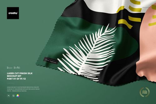 Front view of a silk fabric piece with laser cut edge, featuring abstract green, black, and white patterns on a PSD mockup.