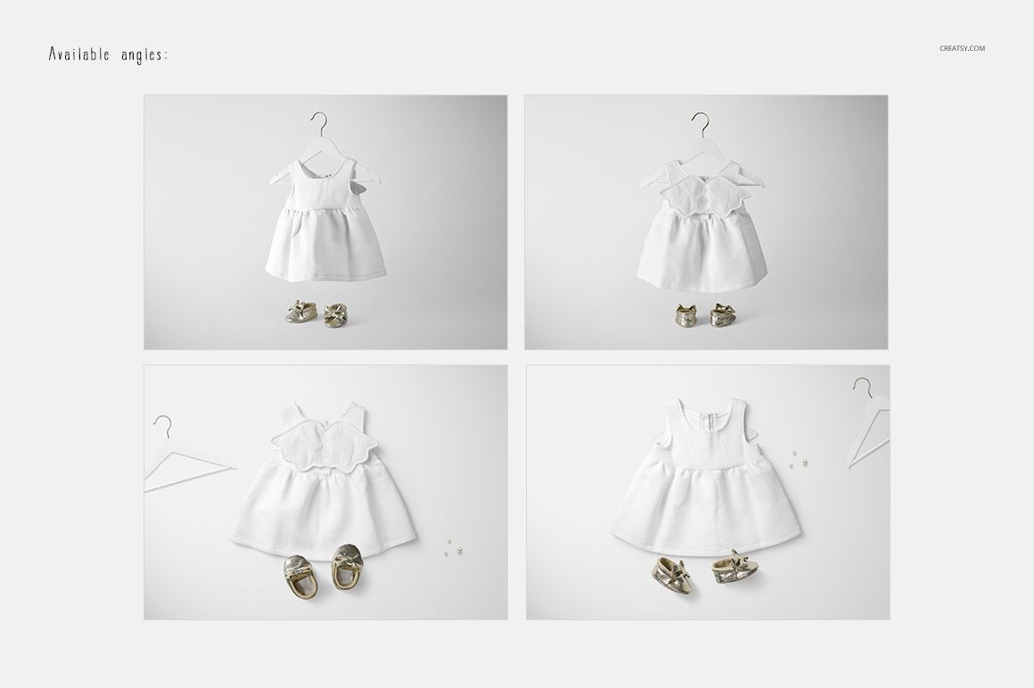 White baby dress mockup displayed on a hanger and laid flat, with gold shoes beside it, shown from multiple angles.