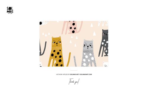 Front view of kids fleece shorts mockup featuring playful cat illustrations in yellow, gray, and beige tones.