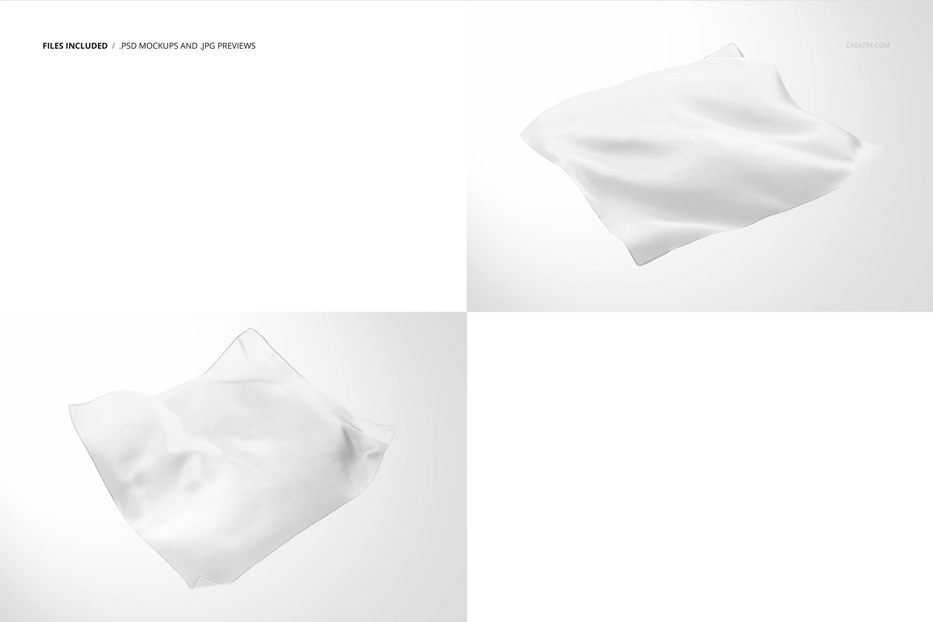 Floating square silk scarf mockup featuring a plain white scarf displayed from two different angles on a light background.