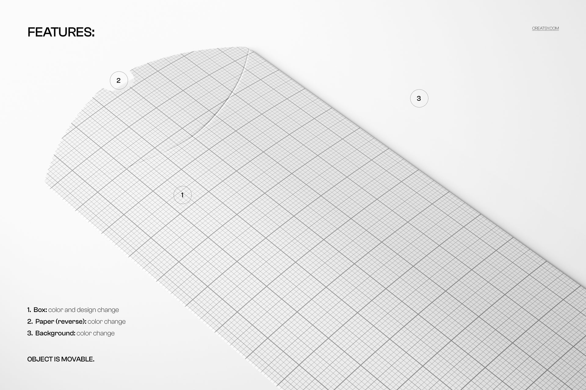 Front view of a pillow box mockup with grid lines, white background, and numbered feature labels.
