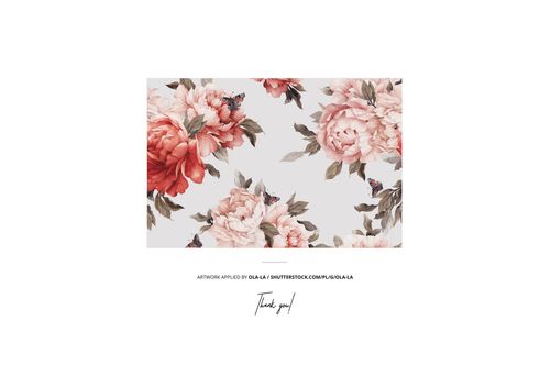 Rectangular mockup scene featuring a floral pattern with pink and peach flowers and green leaves on a light background.