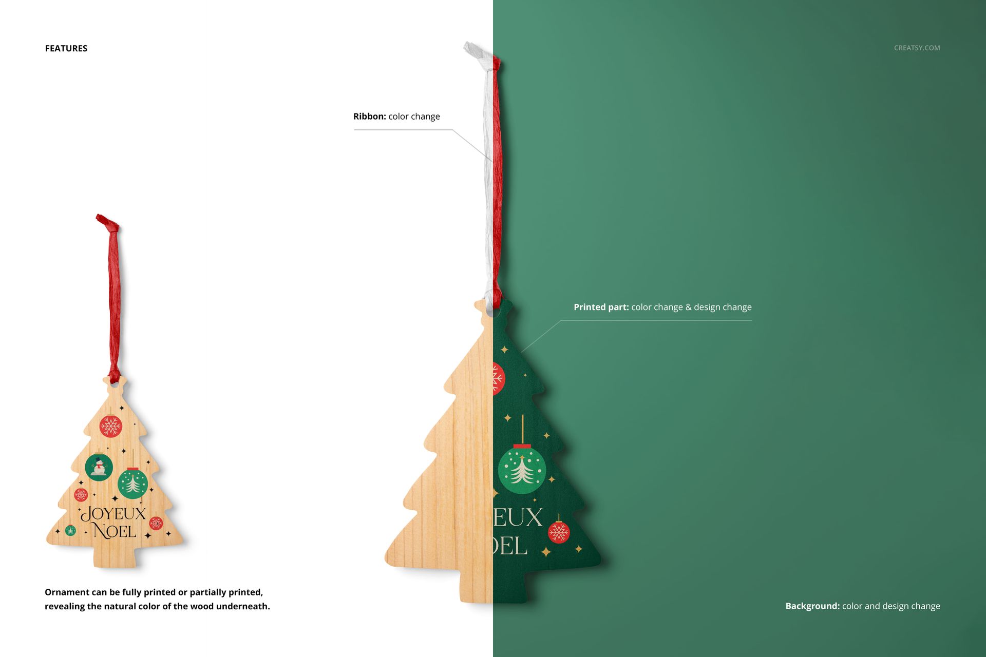 Christmas tree-shaped wooden ornament mockup with printed festive design, shown on split white and green background.