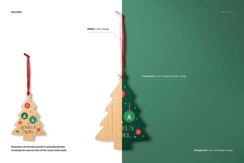 Christmas tree-shaped wooden ornament mockup with printed festive design, shown on split white and green background.