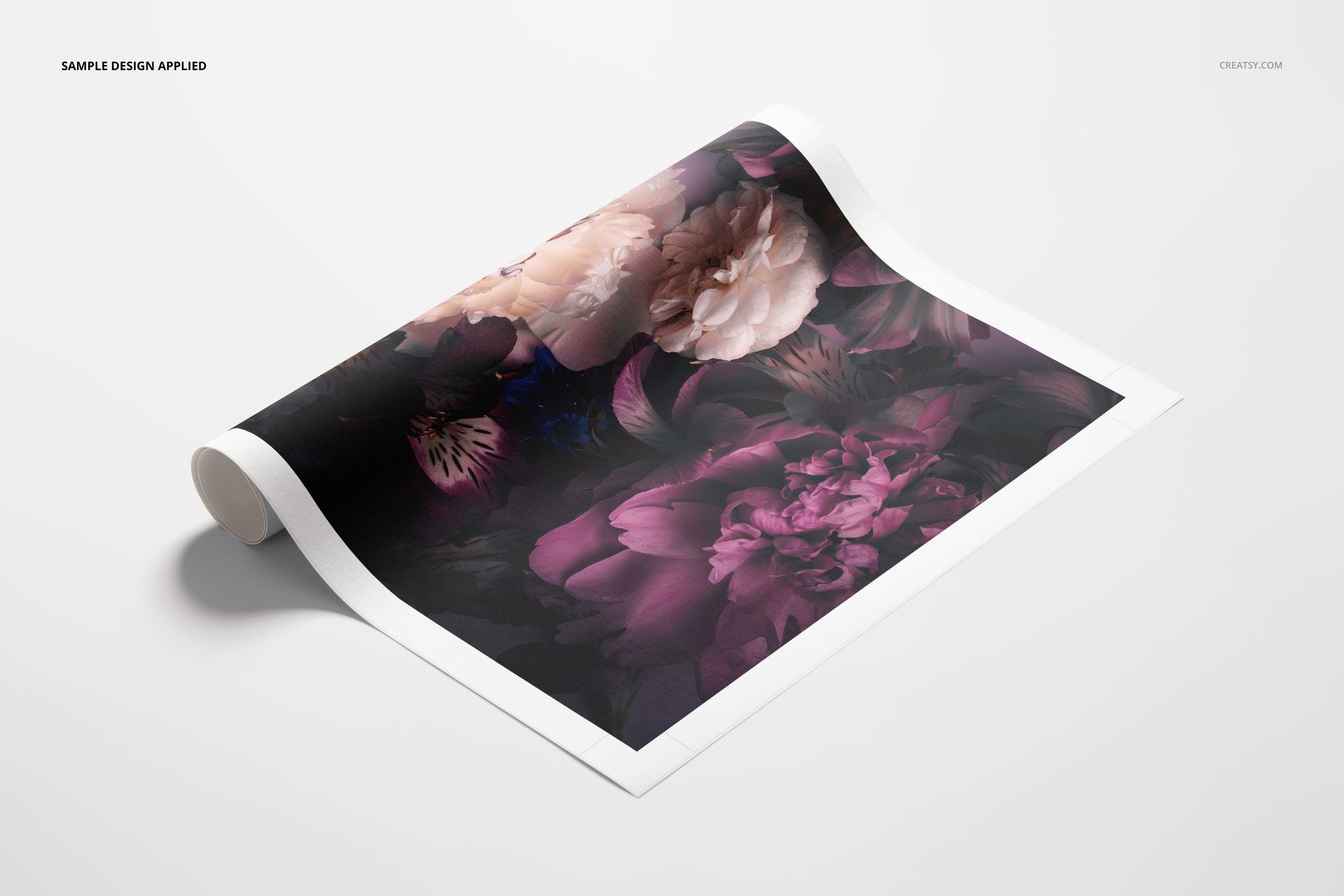 Rolled canvas print mockup with vibrant flower artwork, shown partially unrolled on a plain light background.