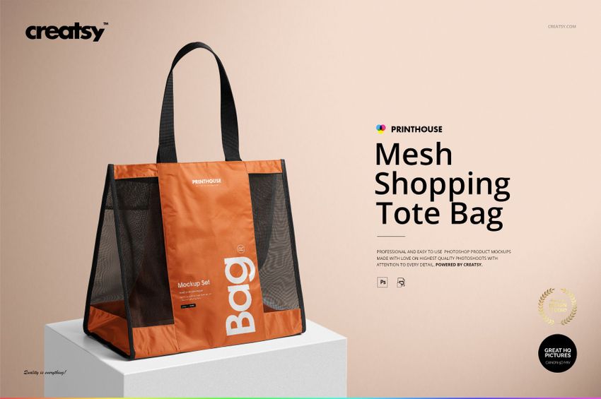 Front view of an orange and black mesh shopping tote bag mockup displayed on a light surface with shadow details.