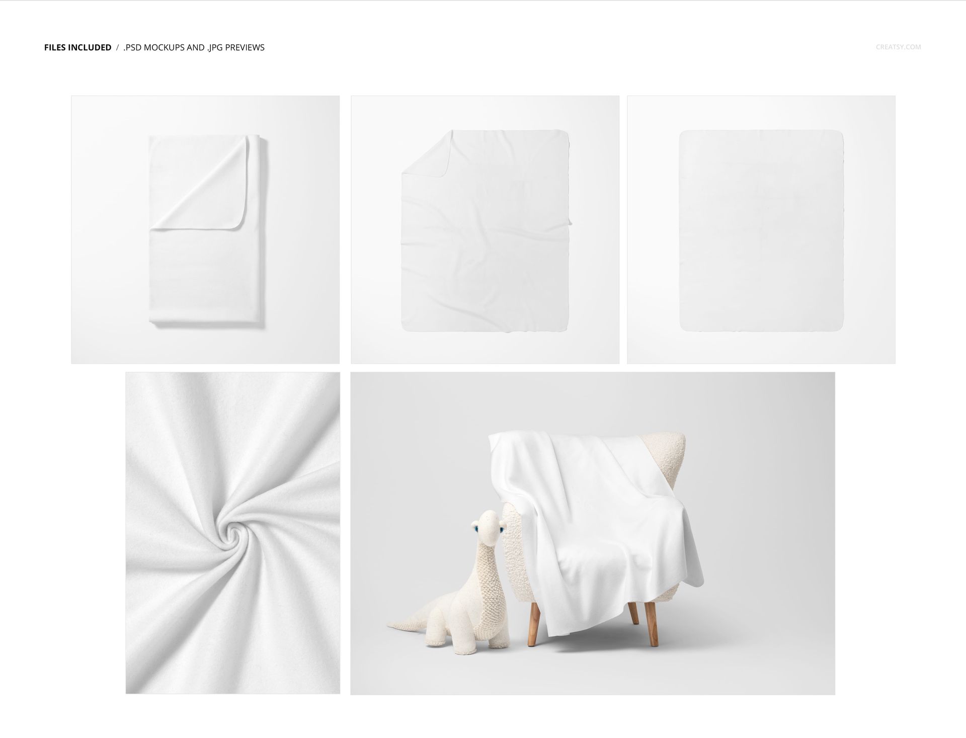 Five views of a white fleece blanket with rounded corners, including folded, flat, swirl, and draped over a sherpa chair beside plush toys.
