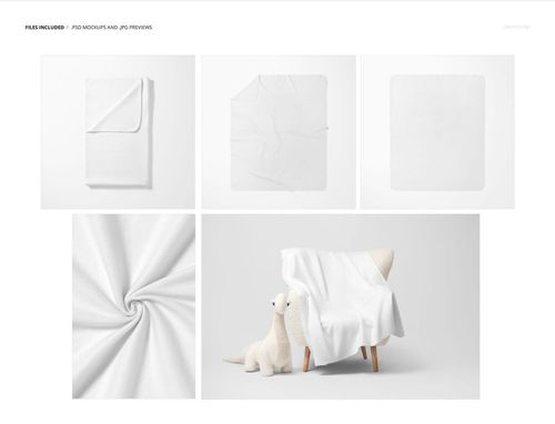 Five views of a white fleece blanket with rounded corners, including folded, flat, swirl, and draped over a sherpa chair beside plush toys.