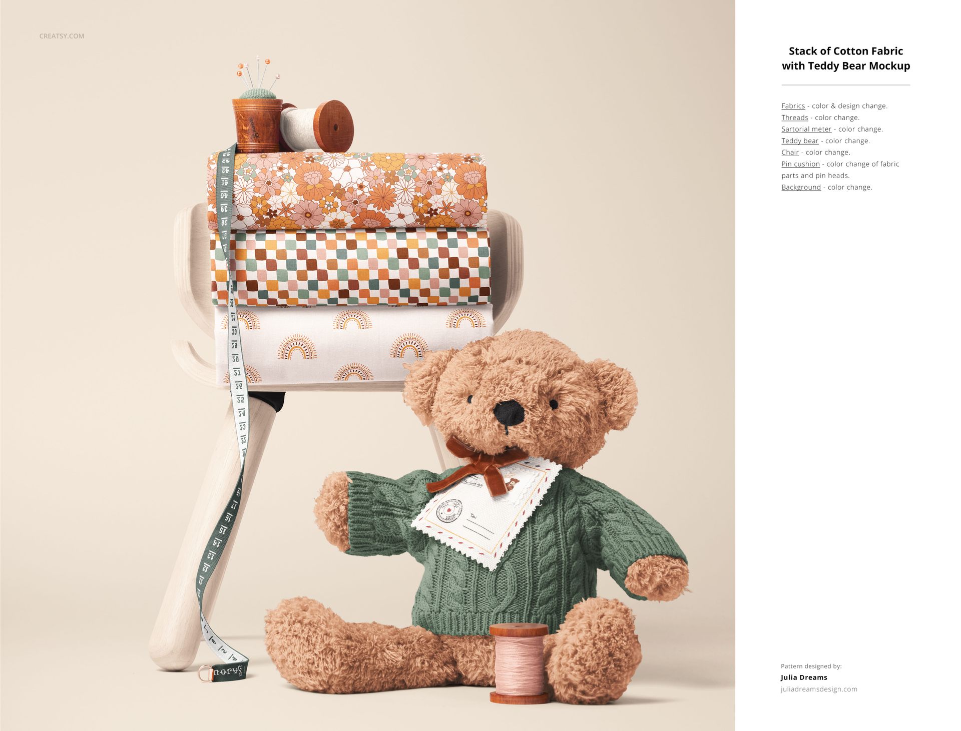 Cotton fabric mockup featuring folded textile rolls in various patterns, with sewing props and a teddy bear in the scene.