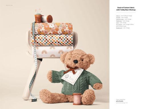 Cotton fabric mockup featuring folded textile rolls in various patterns, with sewing props and a teddy bear in the scene.