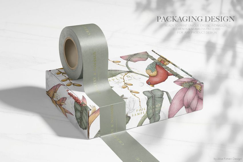 Mailing box mockup with a botanical pattern and a green roll of tape on a white surface, soft shadows in the background.