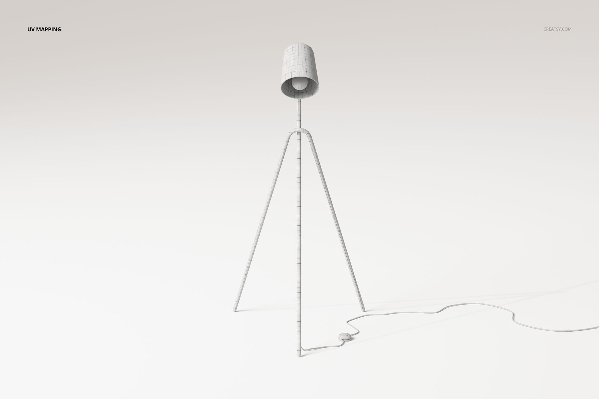 Minimalist 3D model of a floor lamp with a conical shade and tripod base, shown on a light neutral background.