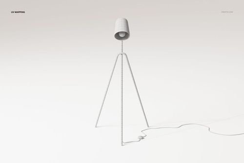 Minimalist 3D model of a floor lamp with a conical shade and tripod base, shown on a light neutral background.