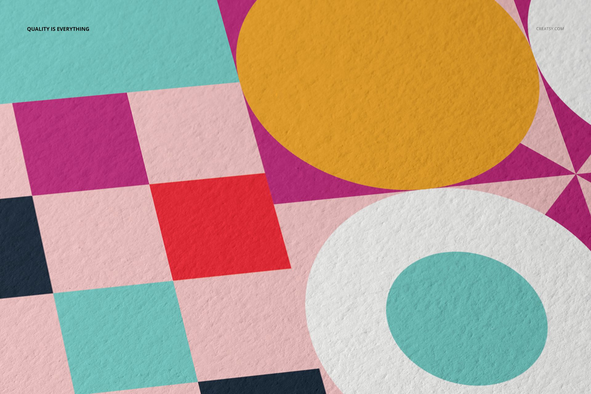 A3 fine art print mockup featuring a geometric abstract design with bold circles and squares in vibrant colors.