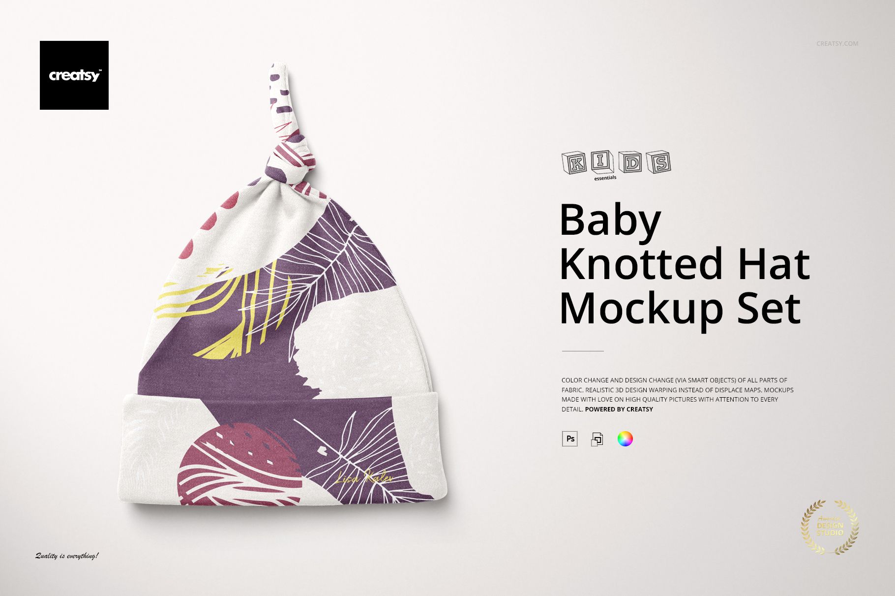 Baby knotted hat mockup featuring a close-up of the hat with a twisted knot, decorated in vibrant leaf and brush designs.