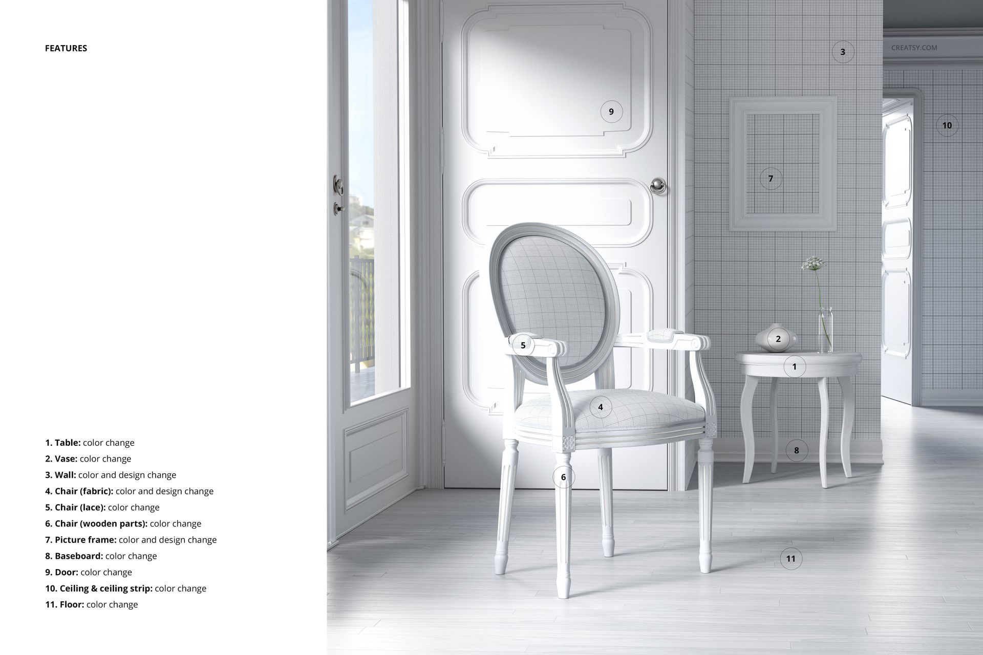 Living room PSD mockup with a classic white armchair, small round table, and geometric wall patterns in soft tones.