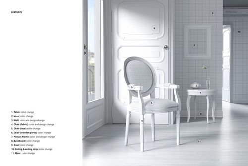 Living room PSD mockup with a classic white armchair, small round table, and geometric wall patterns in soft tones.